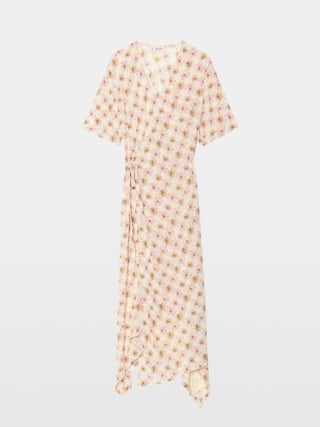 Dress Reforme - Mid-length asymmetric dress in printed viscose with short sleeves, wrap-effect.