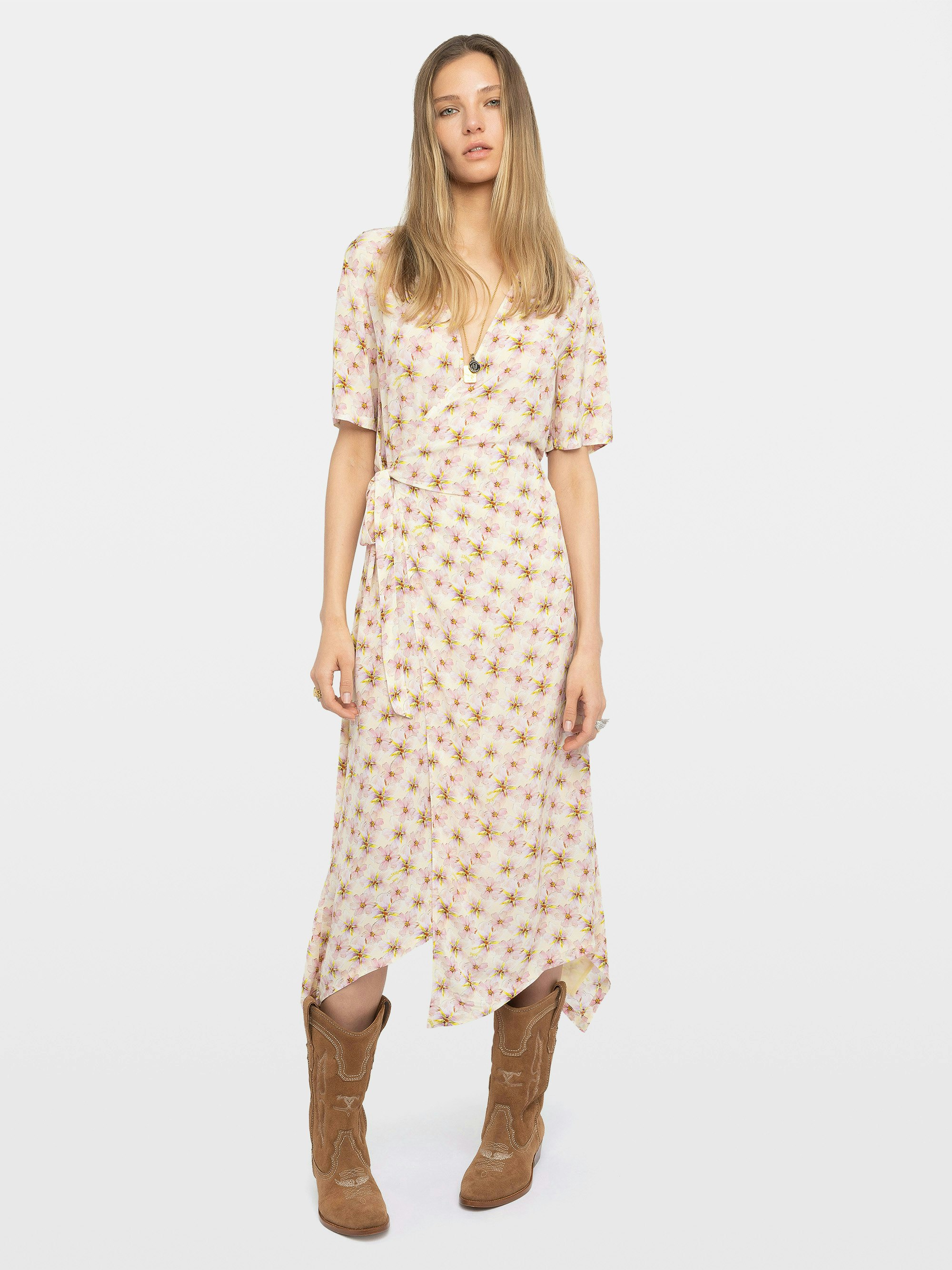 Dress Reforme - Mid-length asymmetric dress in printed viscose with short sleeves, wrap-effect.
