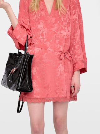 Ramasco Dress 100% Silk - Short lingerie-inspired dress in jacquard silk, with French lace, long sleeves and wing embroidery on the back.