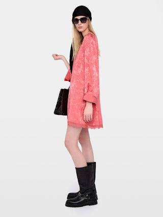 Ramasco Dress 100% Silk - Short lingerie-inspired dress in jacquard silk, with French lace, long sleeves and wing embroidery on the back.