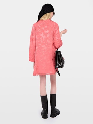 Ramasco Dress 100% Silk - Short lingerie-inspired dress in jacquard silk, with French lace, long sleeves and wing embroidery on the back.