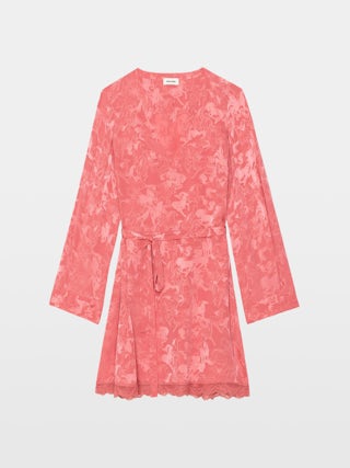 Ramasco Dress 100% Silk - Short lingerie-inspired dress in jacquard silk, with French lace, long sleeves and wing embroidery on the back.