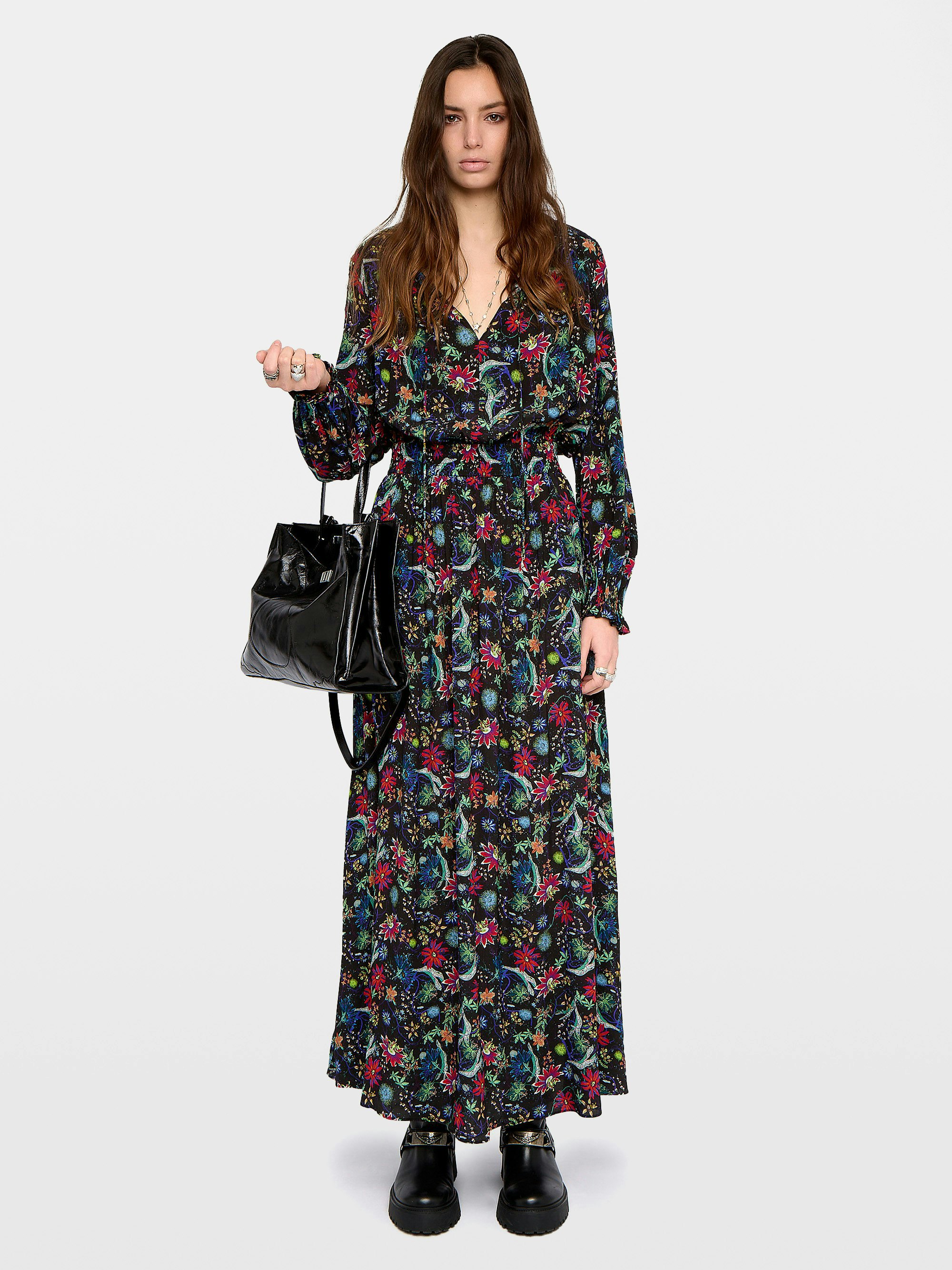 Rayado Dress - Long dress in printed viscose, elasticated waist and long sleeves.