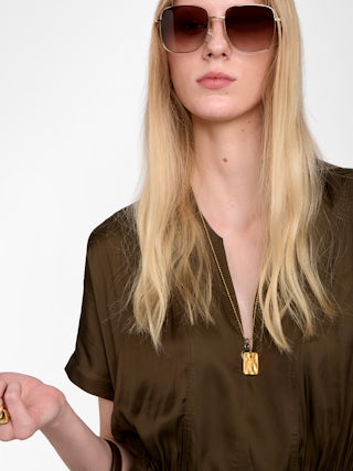 Kleid Riaz - Mittellanges Kleid aus japanischem Satin, kurze Ärmel und elastische Taille.