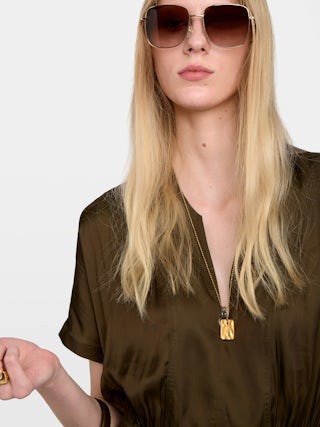 Riaz Dress - Mid-length dress in Japanese satin, short sleeves and elastic waist.