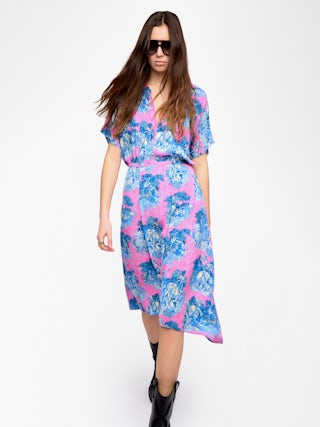 Kleid Riaz - Mittellanges Kleid aus bedruckter Viskose, kurze Ärmel und elastischer Taillenbund.