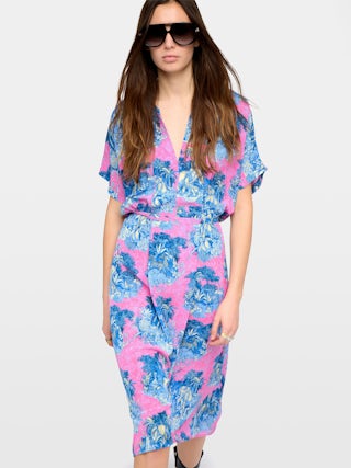 Dress Riaz - Mid-length dress in printed viscose, short sleeves and elastic waist.