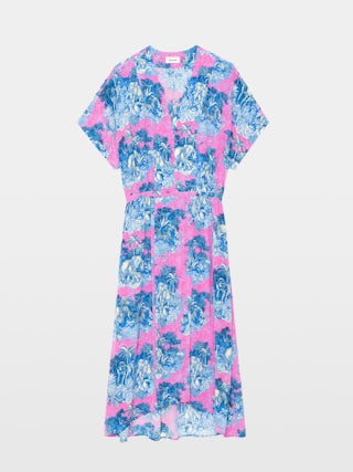 Dress Riaz - Mid-length dress in printed viscose, short sleeves and elastic waist.