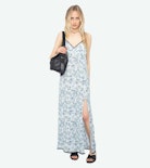 Robe Ramelil - Robe longue esprit lingerie en viscose imprimée, avec fente, bretelles ajustables, broderie ailes dos et dentelle.