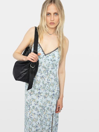 Ramelil Dress - Long lingerie-inspired dress in printed viscose, with slit, adjustable straps, wing embroidery on the back and lace.