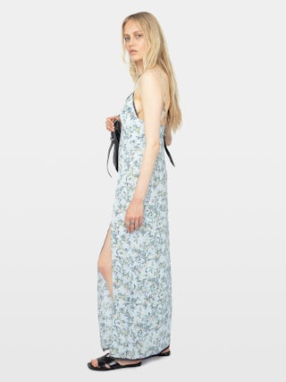 Ramelil Dress - Long lingerie-inspired dress in printed viscose, with slit, adjustable straps, wing embroidery on the back and lace.