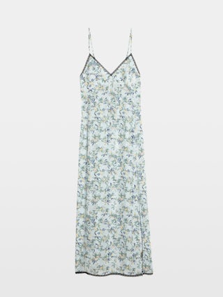 Ramelil Dress - Long lingerie-inspired dress in printed viscose, with slit, adjustable straps, wing embroidery on the back and lace.