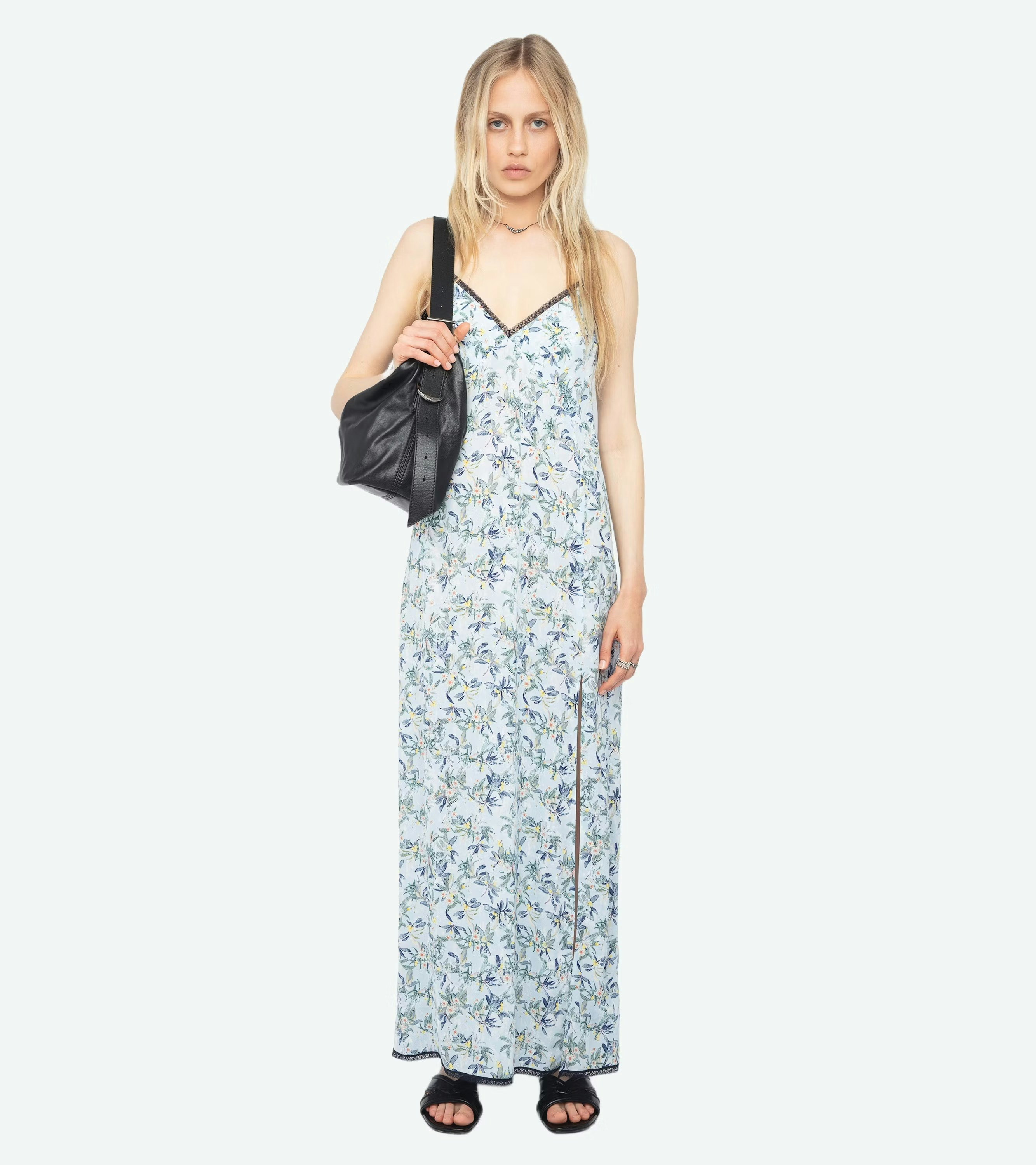 Ramelil Dress - Long lingerie-inspired dress in printed viscose, with slit, adjustable straps, wing embroidery on the back and lace.
