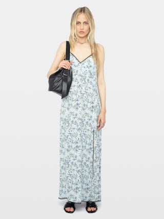 Ramelil Dress - Long lingerie-inspired dress in printed viscose, with slit, adjustable straps, wing embroidery on the back and lace.