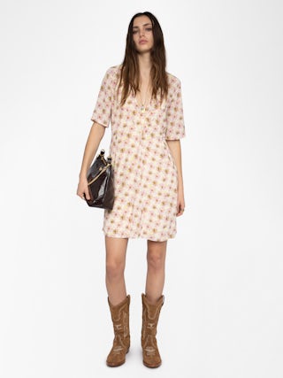 Dress Rodalas - Short printed viscose dress, short sleeves and belt.