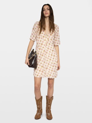 Dress Rodalas - Short printed viscose dress, short sleeves and belt.