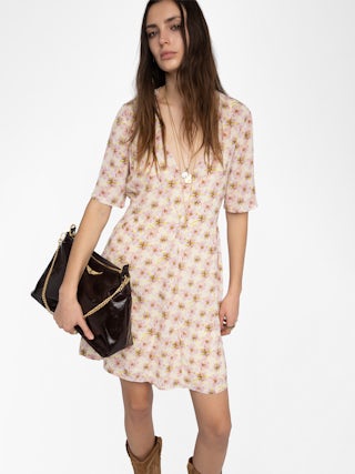 Dress Rodalas - Short printed viscose dress, short sleeves and belt.