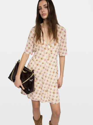 Dress Rodalas - Short printed viscose dress, short sleeves and belt.