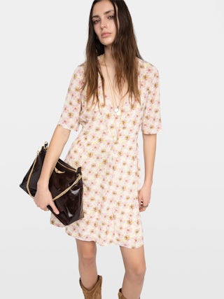 Robe Rodalas - Robe courte en viscose imprimée, manches courtes et ceinture.