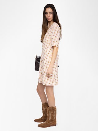 Dress Rodalas - Short printed viscose dress, short sleeves and belt.