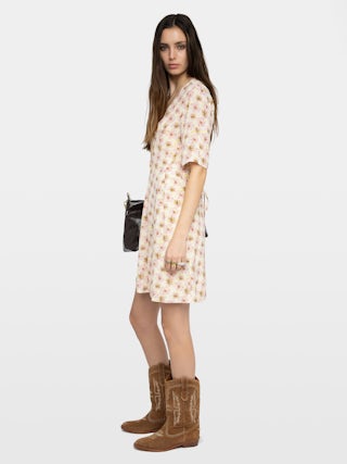 Dress Rodalas - Short printed viscose dress, short sleeves and belt.