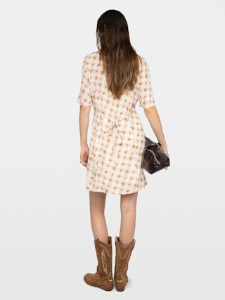 Dress Rodalas - Short printed viscose dress, short sleeves and belt.