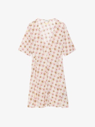 Dress Rodalas - Short printed viscose dress, short sleeves and belt.