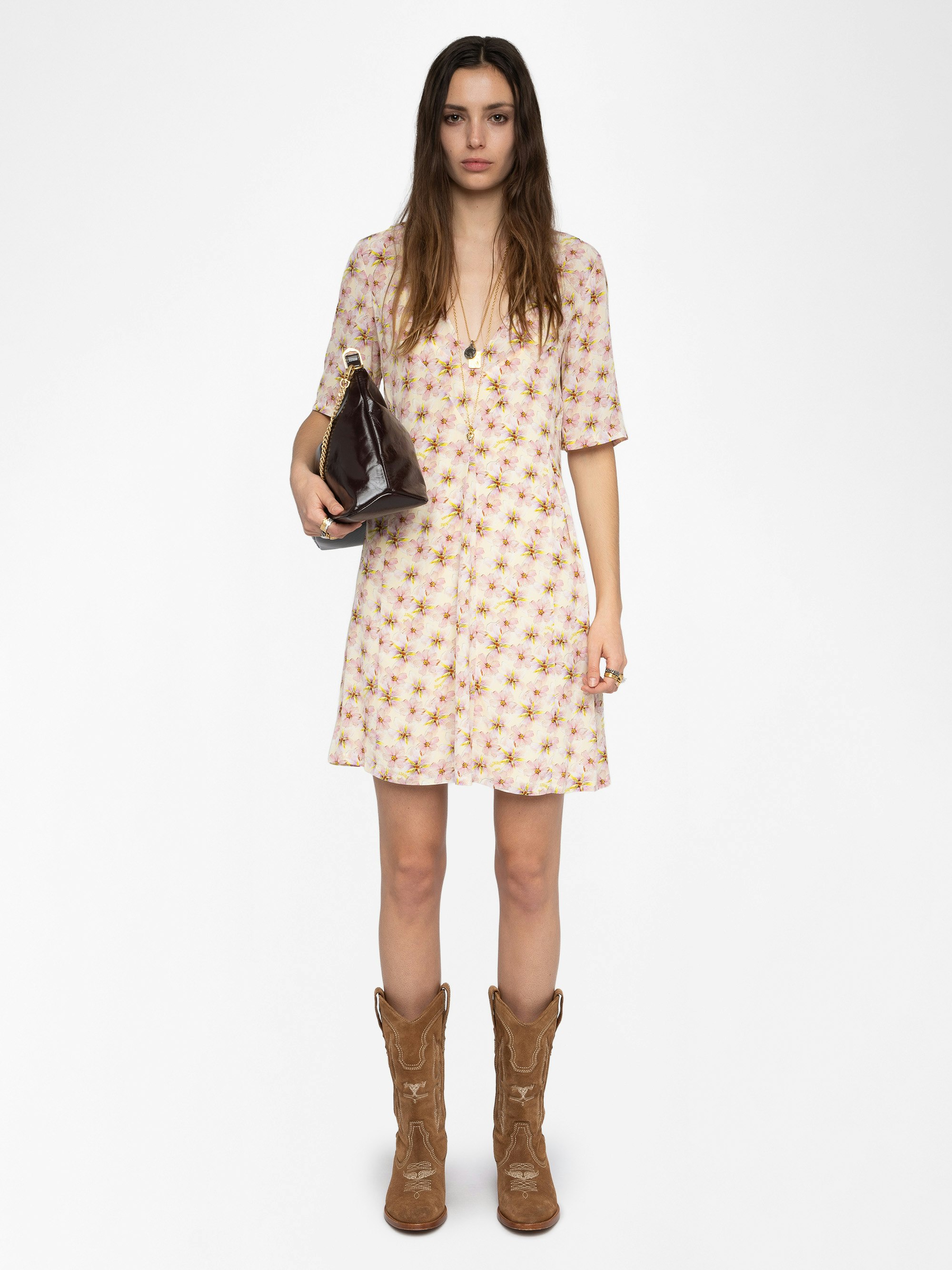 Abito Rodalas - Abito corto in viscosa stampata, maniche corte e cintura.