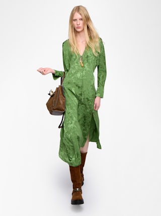 Rouna Dress 100% Silk - Asymmetrical long dress in jacquard silk, with slit and long sleeves.