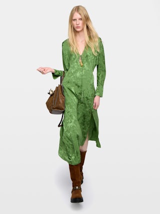 Rouna Dress 100% Silk - Asymmetrical long dress in jacquard silk, with slit and long sleeves.