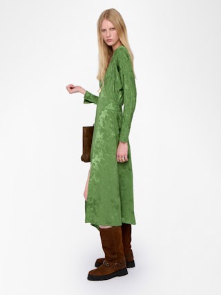 Rouna Dress 100% Silk - Asymmetrical long dress in jacquard silk, with slit and long sleeves.