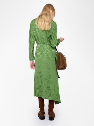 Rouna Dress 100% Silk - Asymmetrical long dress in jacquard silk, with slit and long sleeves.