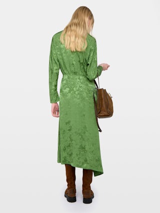 Rouna Dress 100% Silk - Asymmetrical long dress in jacquard silk, with slit and long sleeves.