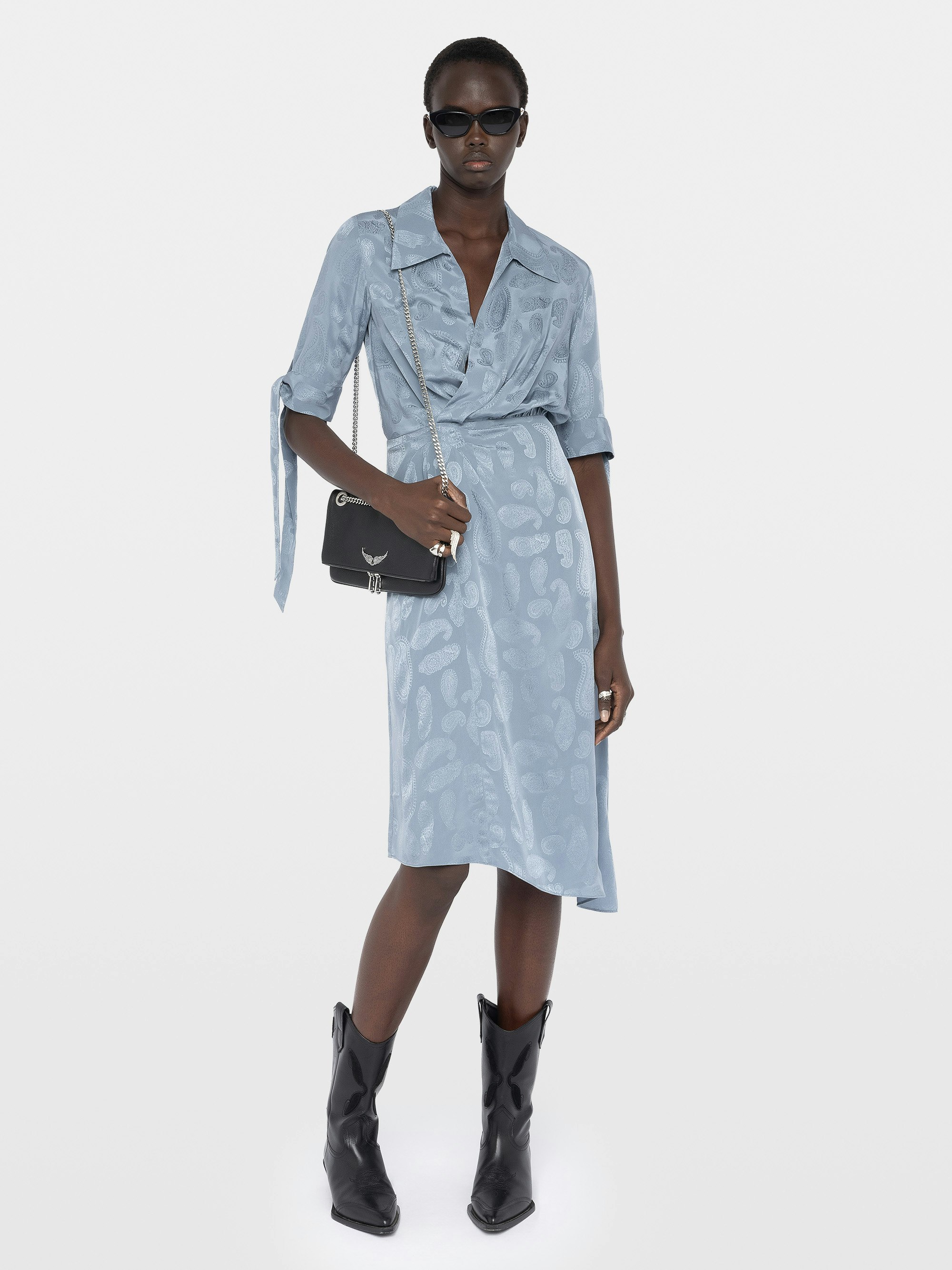 Dress Rhani 100% Silk - Asymmetric mid-length dress in jacquard silk, short sleeves.