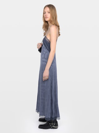 Dress Ridar 100% Silk - Lingerie-inspired mid-length silk jacquard dress with adjustable straps and lace at the bust and hem.