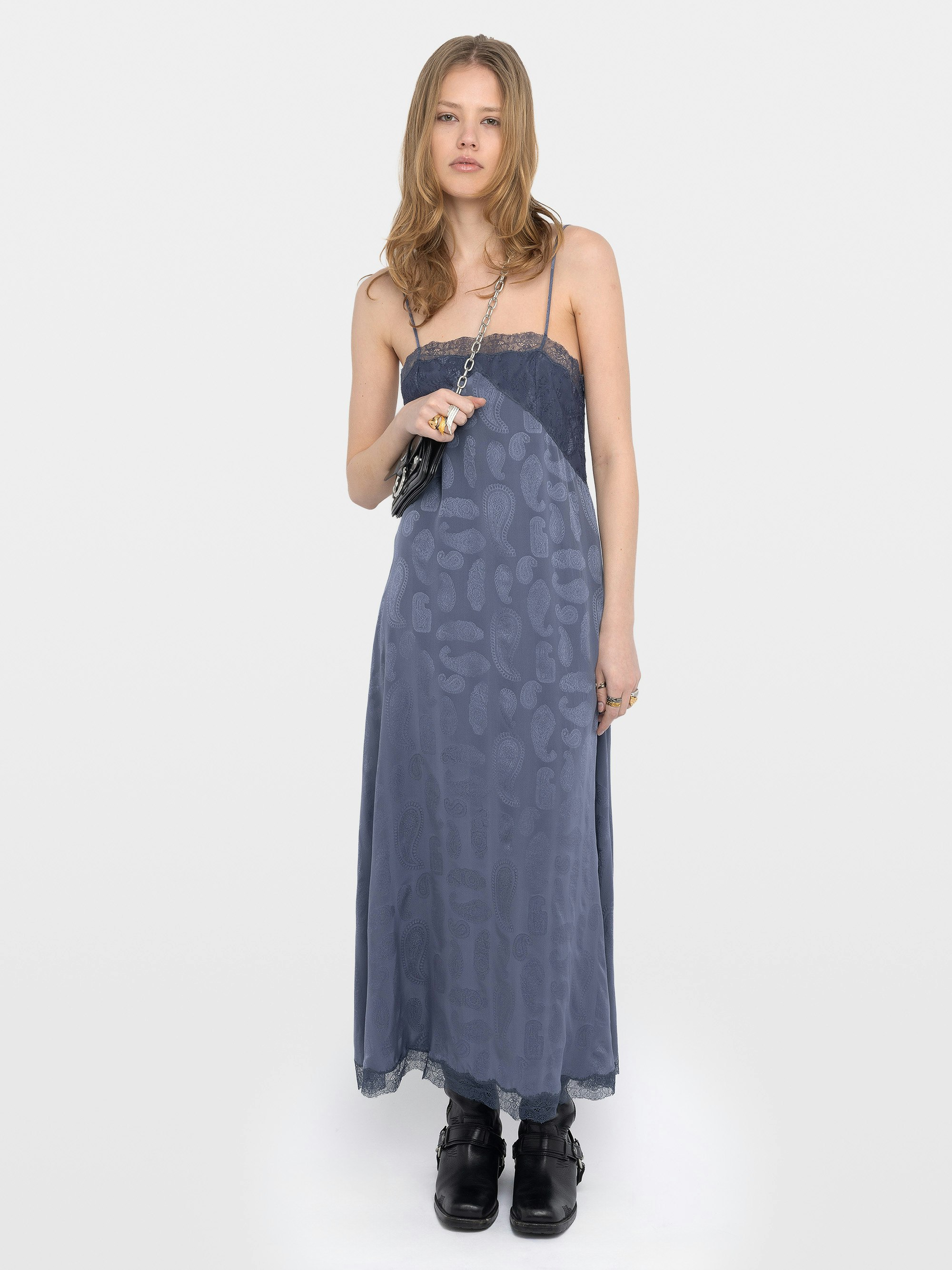 Kleid Ridar 100 % Seide - Midikleid aus Seidenjacquard im Lingerie-Look mit verstellbaren Trägern und Spitze an Brust und Saum.