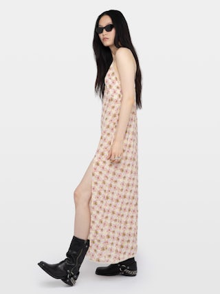 Kleid Ramelil - Langes Kleid im Lingerie-Stil aus bedruckter Viskose, mit Schlitz, verstellbaren Trägern, Stickerei am Rücken und Spitze.