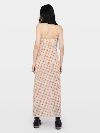 Kleid Ramelil - Langes Kleid im Lingerie-Stil aus bedruckter Viskose, mit Schlitz, verstellbaren Trägern, Stickerei am Rücken und Spitze.