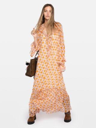 Kleid Ralicel - Langes, drapiertes Kleid aus bedrucktem Chiffon, lange Ärmel.