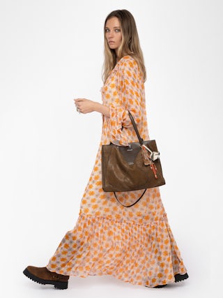 Dress Ralicel - Long draped dress in printed chiffon, long sleeves.