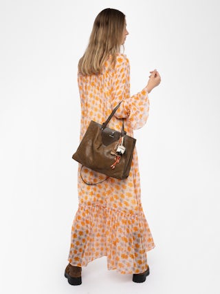 Dress Ralicel - Long draped dress in printed chiffon, long sleeves.
