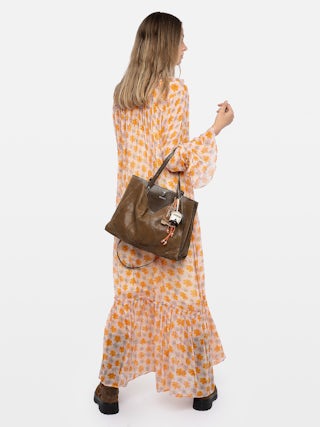 Kleid Ralicel - Langes, drapiertes Kleid aus bedrucktem Chiffon, lange Ärmel.