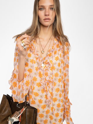 Dress Ralicel - Long draped dress in printed chiffon, long sleeves.