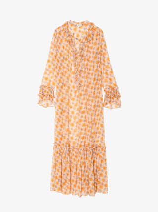 Dress Ralicel - Long draped dress in printed chiffon, long sleeves.