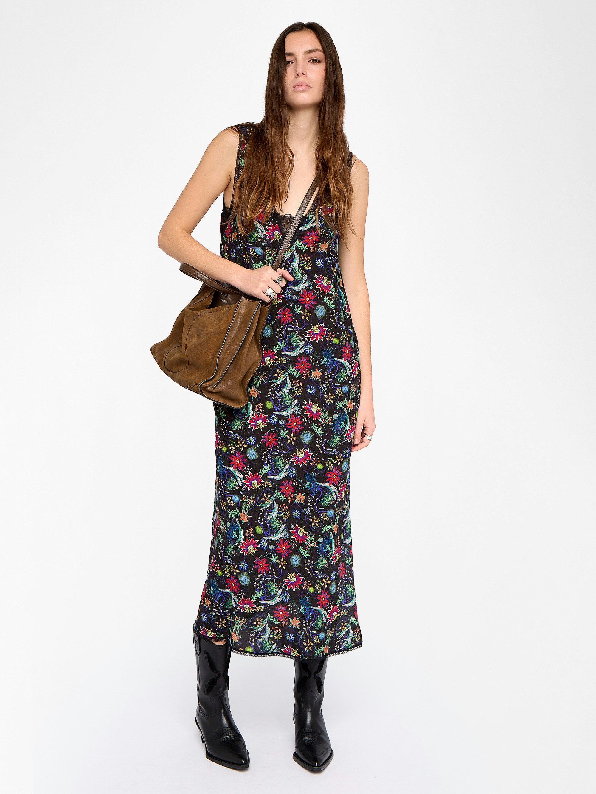 Renzo Dress - Long dress in printed viscose with lingerie spirit and French lace.