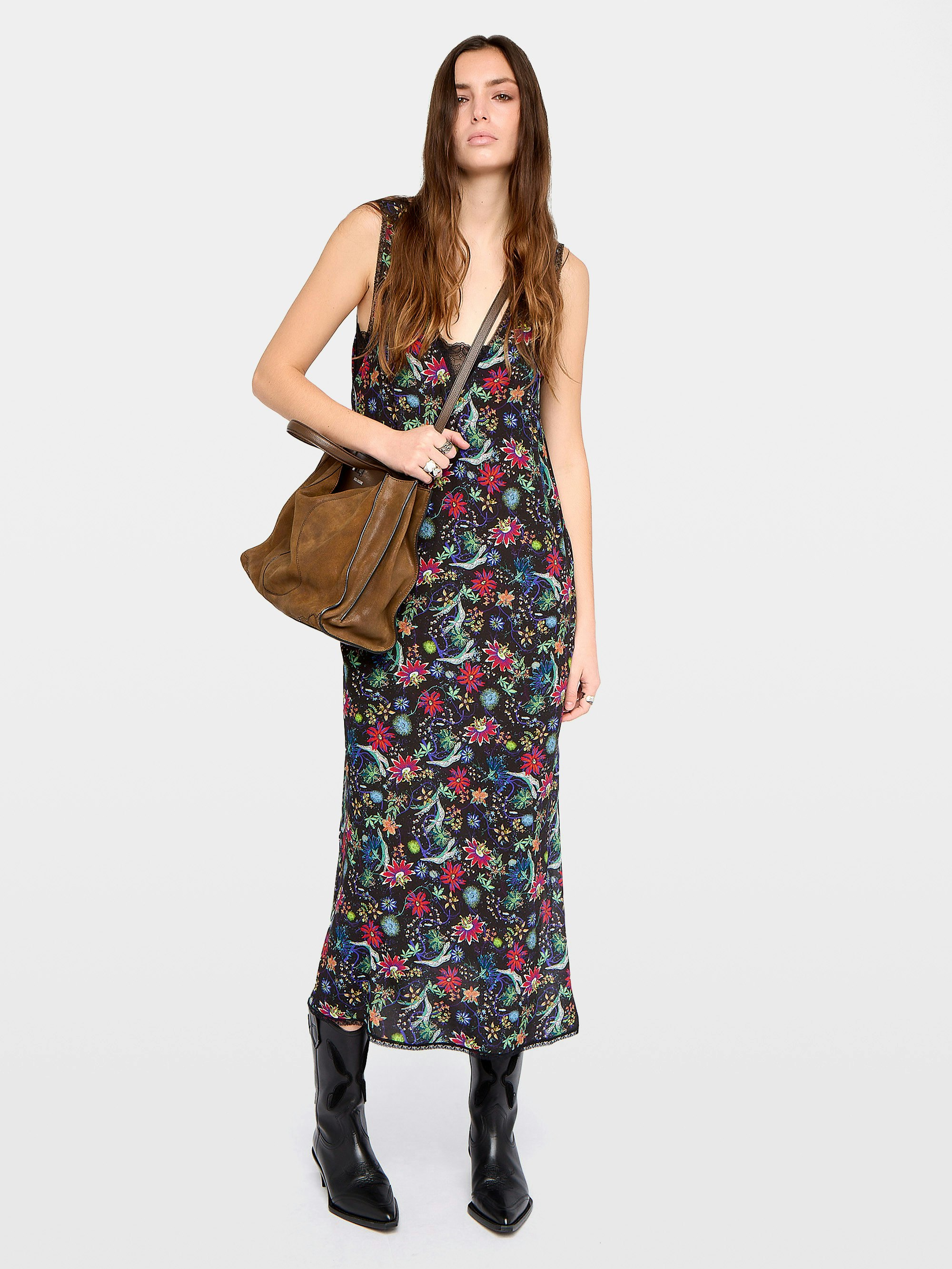 Renzo Dress - Long dress in printed viscose with lingerie spirit and French lace.
