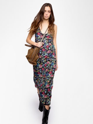 Kleid Renzo - Langes Kleid aus bedruckter Viskose im Lingerie-Stil mit französischer Spitze.