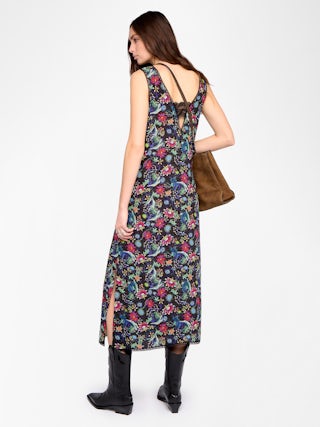 Kleid Renzo - Langes Kleid aus bedruckter Viskose im Lingerie-Stil mit französischer Spitze.