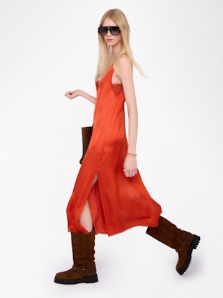 Kleid Renzo Satin - Langes Kleid aus Viskose-Satin im Lingerie-Stil mit französischer Spitze.