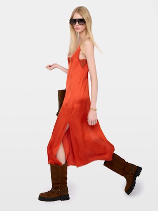 Renzo Satin Dress - Long viscose satin dress with lingerie spirit featuring French lace.